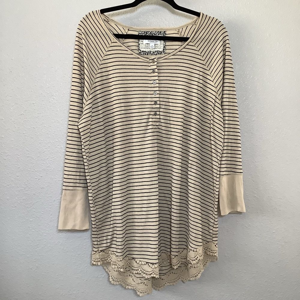 Cream Striped Lace Trim Lagenlook Oversized Neutral Button Waffle Knit Blouse 1X